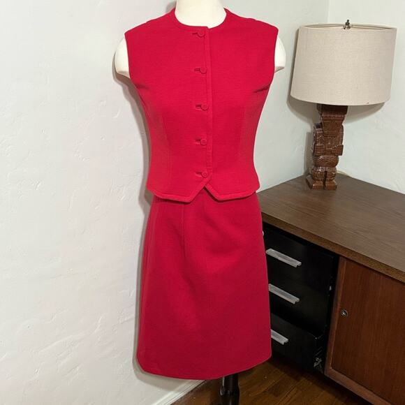 Incredible Vintage Lilli Anne Knit London 3 Piece Skirt Suit Red 60s Mod MCM - Picture 6 of 13